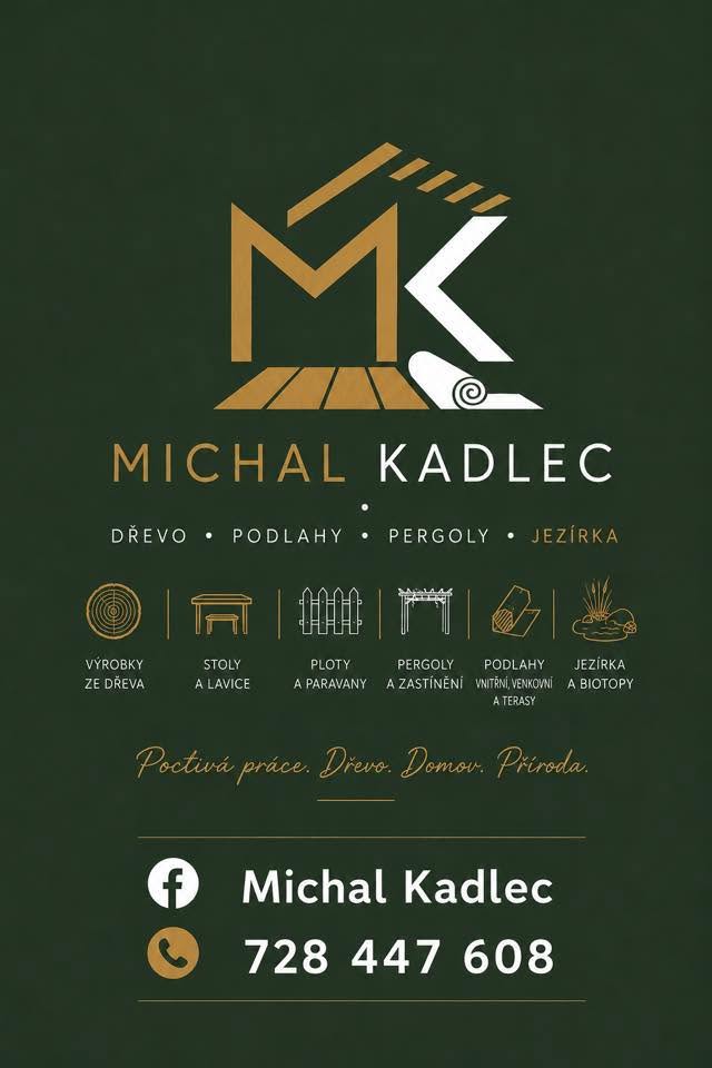 Michal Kadlec — logo a přehled řemeslných služeb ve zlaté a bílé na zeleném podkladu